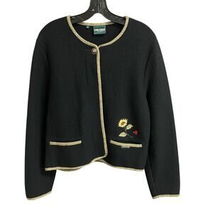 Vintage Geiger Boiled Wool Button Up Floral Embroidered Jacket Black 40 / US 10